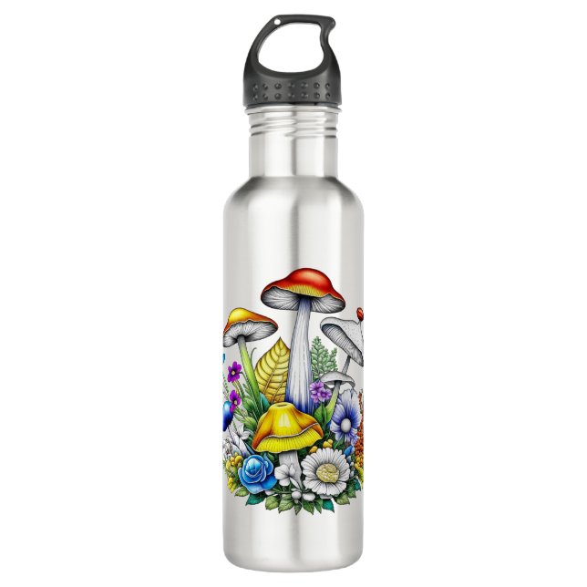 Whimsical Magical Mushrooms and Flowers Stainless Steel Water Bottle (Front)