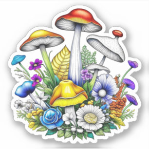 Whimsical Magical Mushrooms and Flowers Sticker