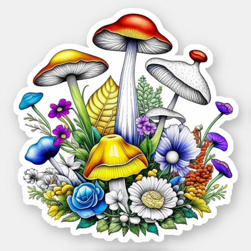 Whimsical Magical Mushrooms and Flowers Sticker