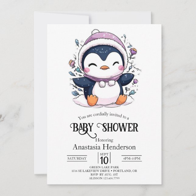 Whimsical Magical Penguin Baby Shower Invitation (Front)