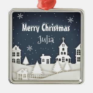 Whimsical Magical Snow Xmas Chic Blue Metal Ornament