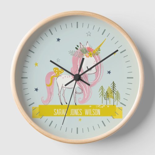 Whimsical Magical Unicorn Aqua Pink Teal Princess Clock