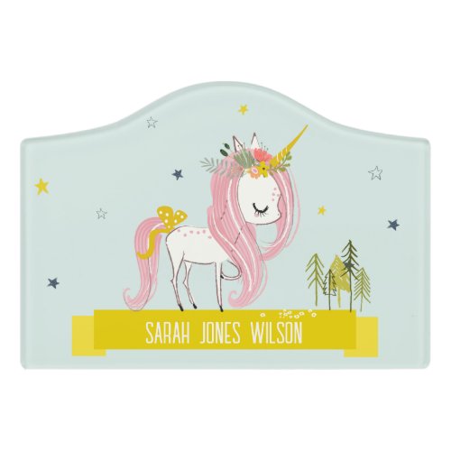 Whimsical Magical Unicorn Aqua Pink Teal Princess Door Sign