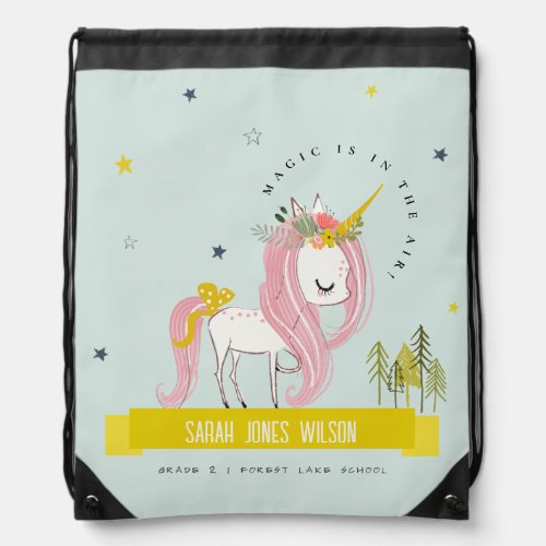 Whimsical Magical Unicorn Aqua Pink Teal Princess Drawstring Bag
