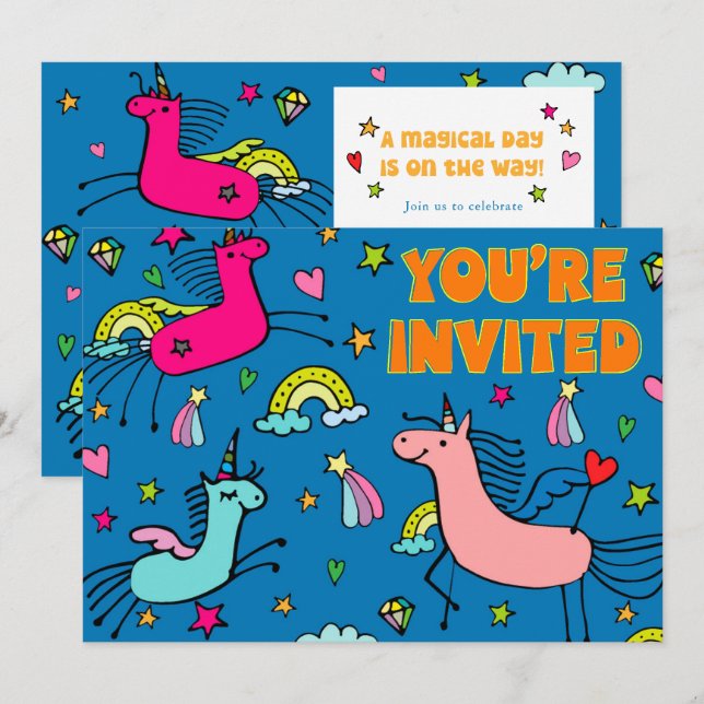 Whimsical Magical Unicorn Birthday Party Invitation (Front/Back)