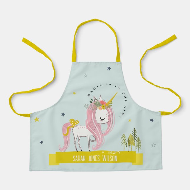Whimsical Magical Unicorn Pink Aqua Princess Kids Apron (Front)