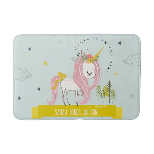 Whimsical Magical Unicorn Pink Aqua Princess Kids Bath Mat