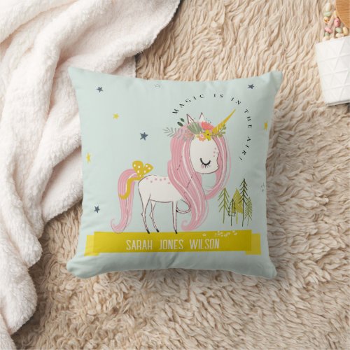 Whimsical Magical Unicorn Pink Aqua Princess Kids Throw Pillow