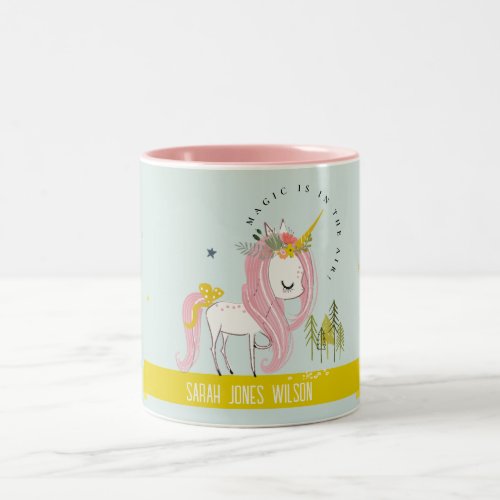 Whimsical Magical Unicorn Pink Aqua Princess Kids Two_Tone Coffee Mug