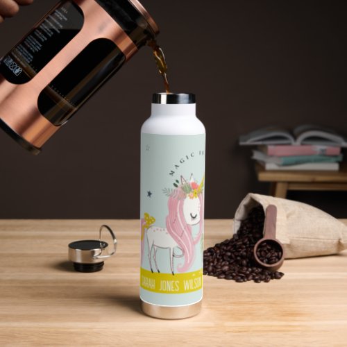 Whimsical Magical Unicorn Pink Aqua Princess Kids Water Bottle