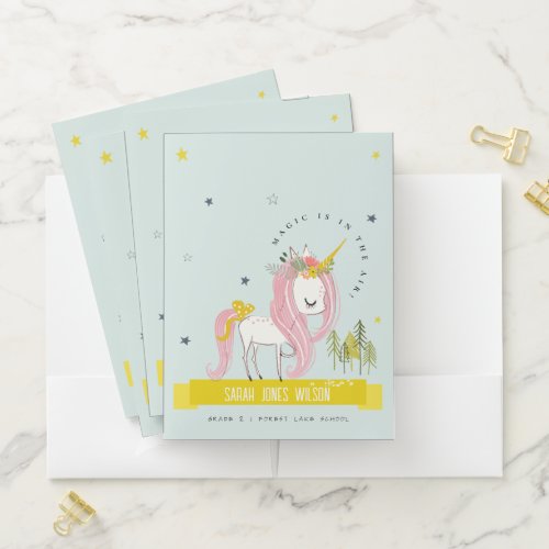 Whimsical Magical Unicorn Pink Aqua Teal Princess Pocket Folder