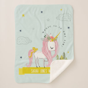 Whimsical Magical Unicorn Pink Aqua Teal Princess Sherpa Blanket