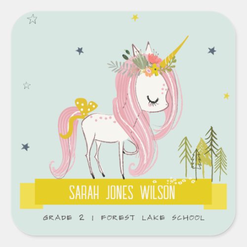 Whimsical Magical Unicorn Pink Aqua Teal Princess Square Sticker