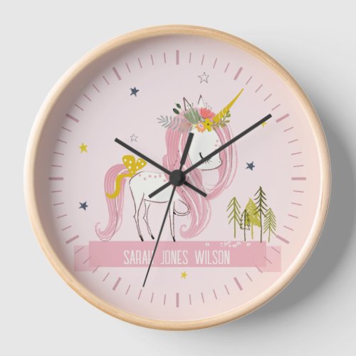 Whimsical Magical Unicorn Pink Blush Princess Clock