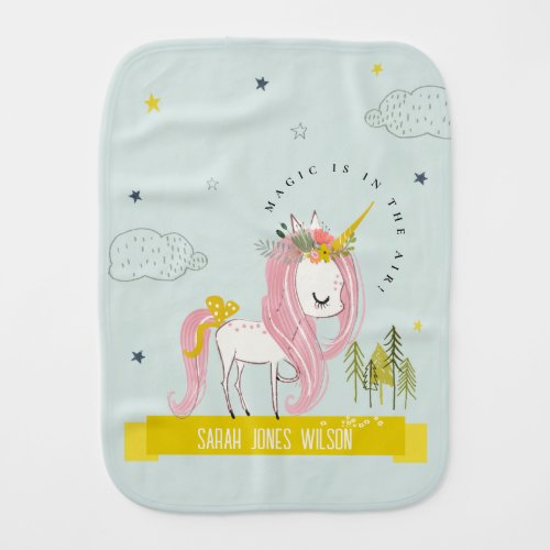 Whimsical Magical Unicorn Pink Teal Aqua Princess Baby Burp Cloth