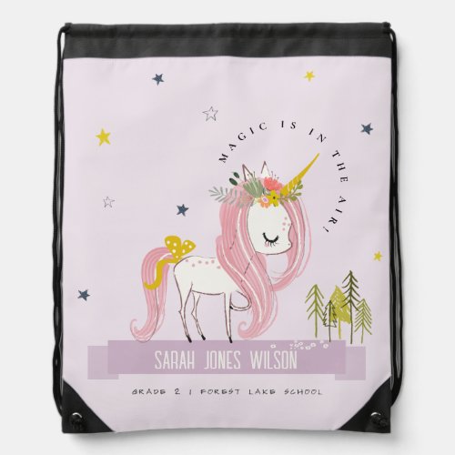 Whimsical Magical Unicorn Purple Lilac Princess Drawstring Bag
