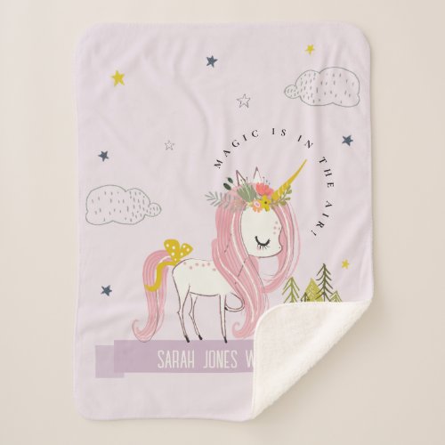 Whimsical Magical Unicorn Purple Lilac Princess Sherpa Blanket