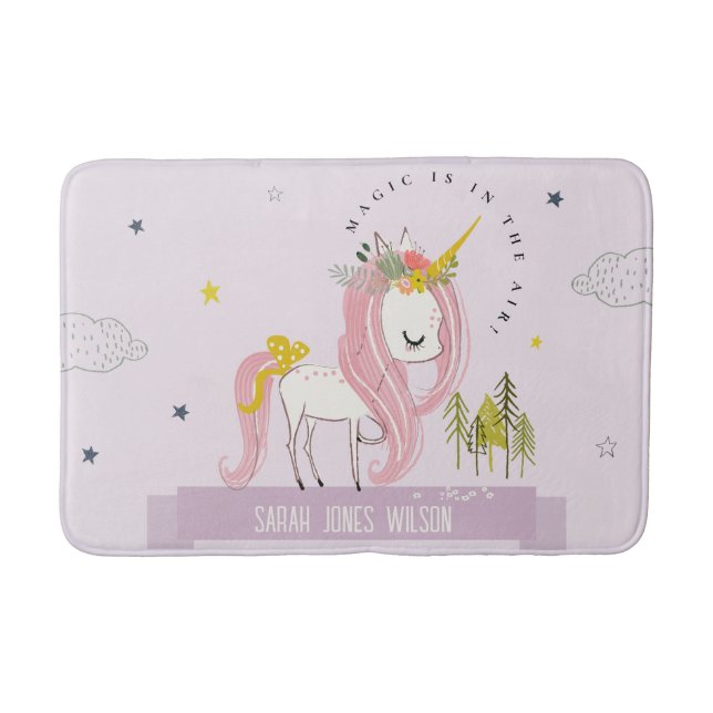 Whimsical Magical Unicorn Purple Princess Kids Bath Mat (Front)