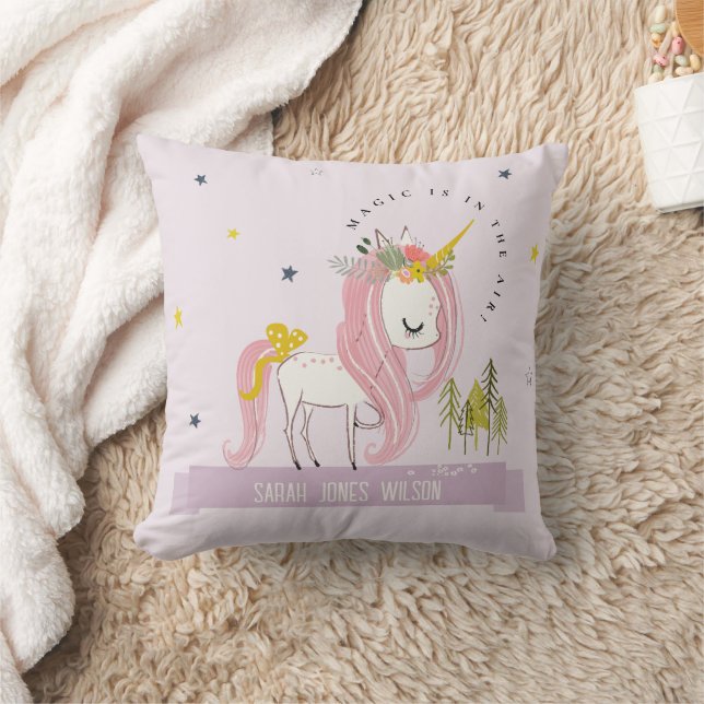 Whimsical Magical Unicorn Purple Princess Kids Throw Pillow (Blanket)