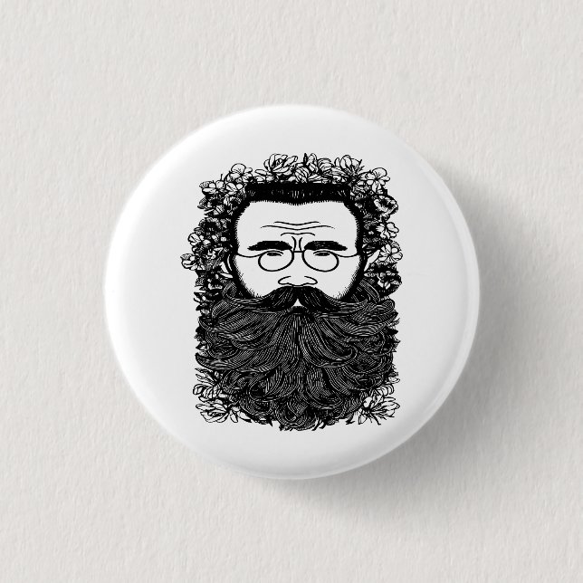 Whimsical Man Beard Mustache Flowers Art   Button (Front)