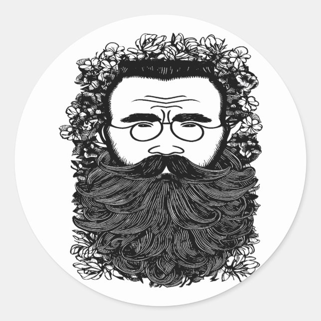 Whimsical Man Beard Mustache Flowers Art Classic Round Sticker (Front)