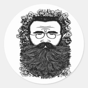 Whimsical Man Beard Mustache Flowers Art Classic Round Sticker