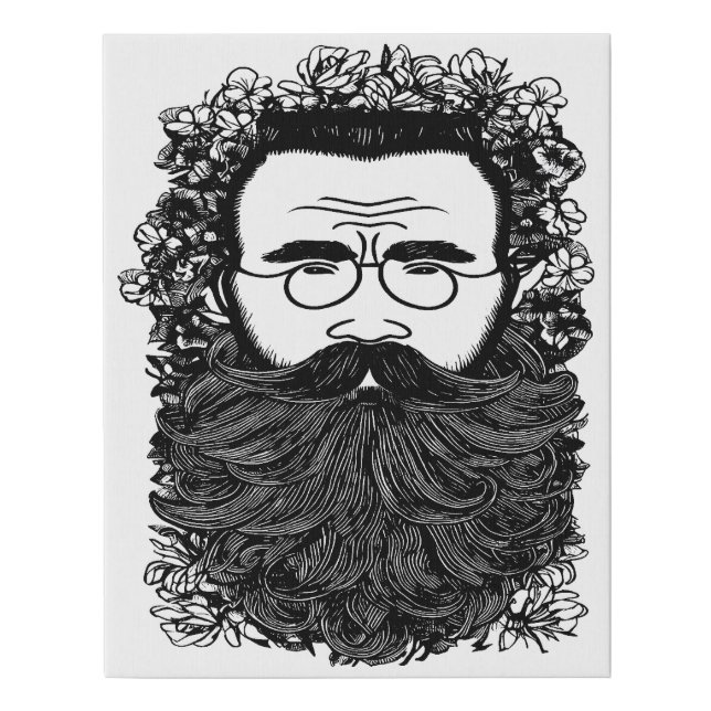Whimsical Man Beard Mustache Flowers Art  Faux Canvas Print (Front)