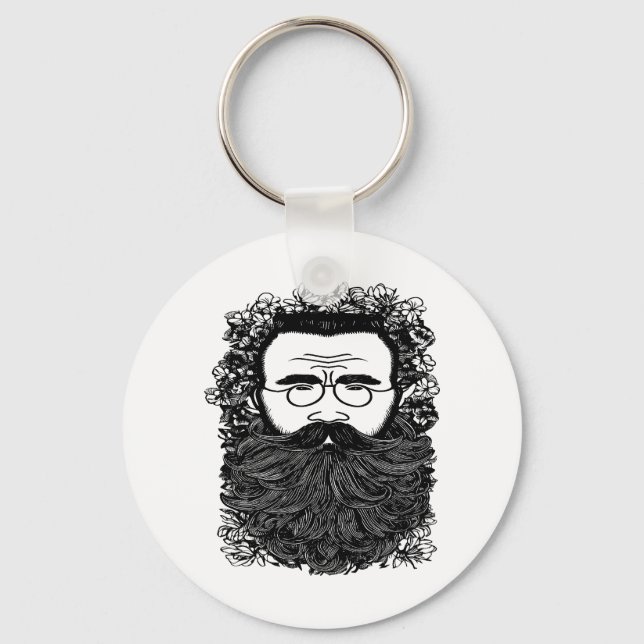 Whimsical Man Beard Mustache Flowers Art   Keychain (Front)
