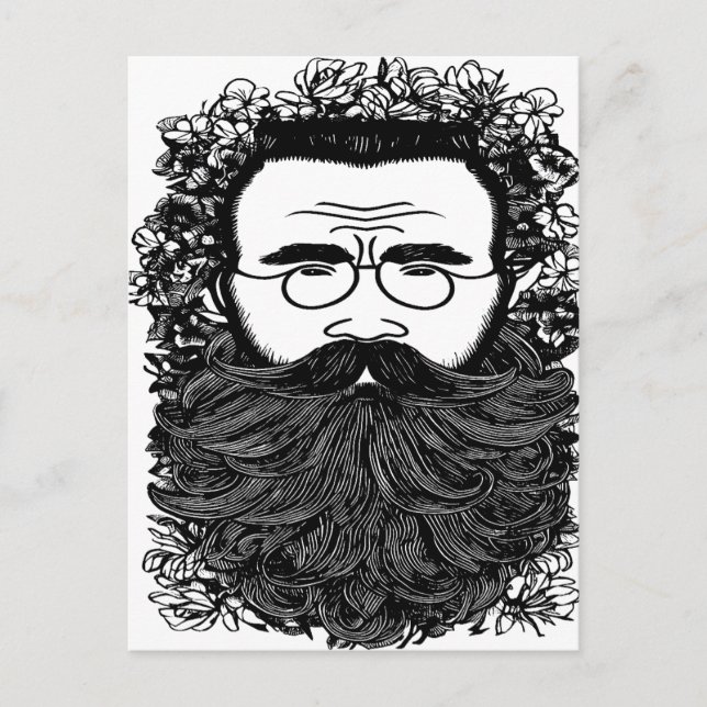 Whimsical Man Beard Mustache Flowers Art  Postcard (Front)