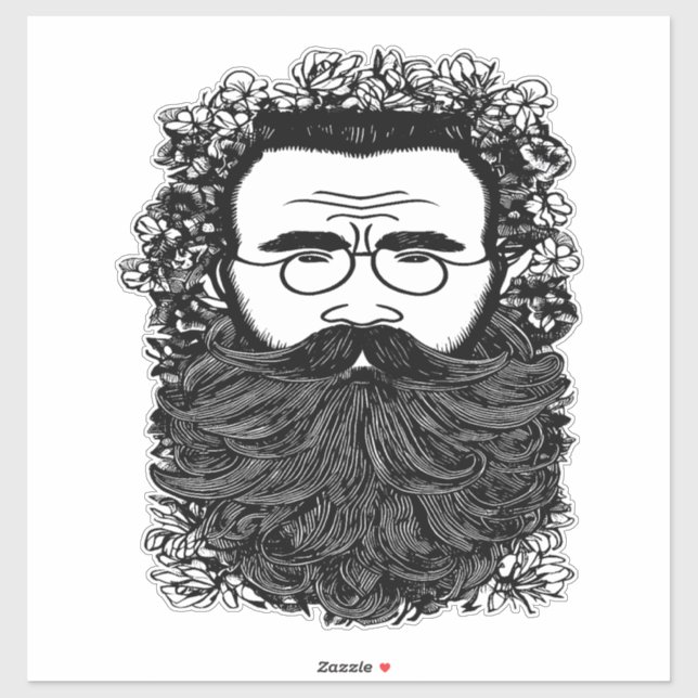 Whimsical Man Beard Mustache Flowers Art Sticker (Sheet)