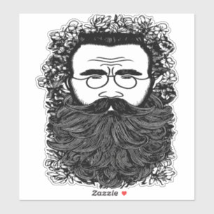 Whimsical Man Beard Mustache Flowers Art Sticker