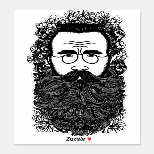 Whimsical Man Beard Mustache Flowers Art  Sticker