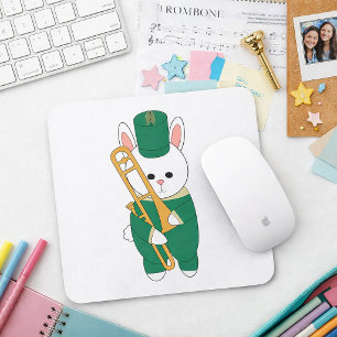 Whimsical Marching Bunny Musician Trombone Green Mouse Pad