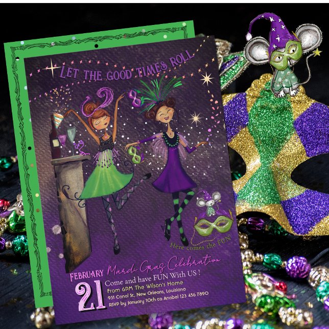 Whimsical Mardi Gras Dancing Girls Green & Purple  Invitation (Whimsical Mardi Gras Dancing Girls Green & Purple Invitation)