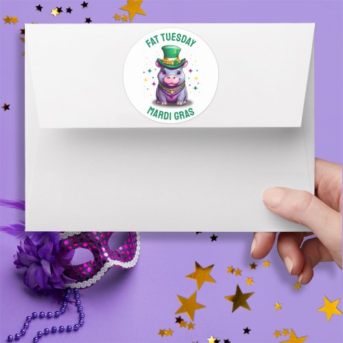 Whimsical Mardi Gras Fat Tuesday Hippo Sticker