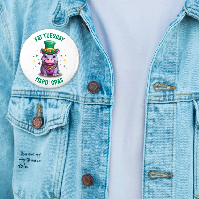 Whimsical Mardi Gras Fat Tuesday Hippo Sticker Button (Creator Uploaded)