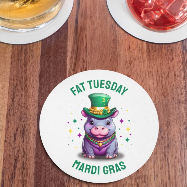 Whimsical Mardi Gras Fat Tuesday Hippo Sticker Round Paper Coaster (Creator Uploaded)