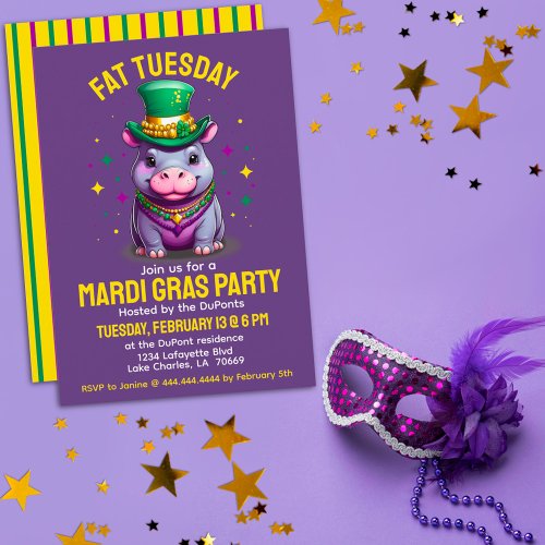 Whimsical Mardi Gras Fat Tuesday Hippo with Beads Invitation
