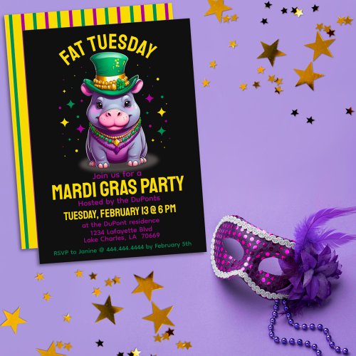 Whimsical Mardi Gras Fat Tuesday Hippo with Beads Invitation