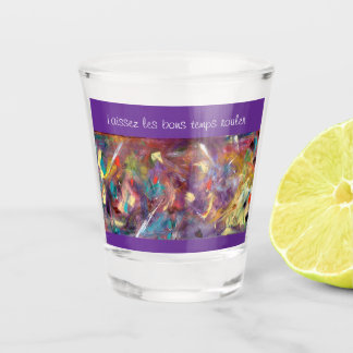 Whimsical Mardi Gras shot glass with masks.