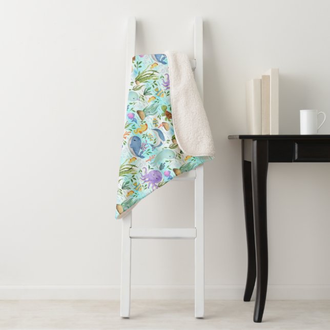 Whimsical Marine Friends - A Cute Ocean scenery Sherpa Blanket (In Situ)