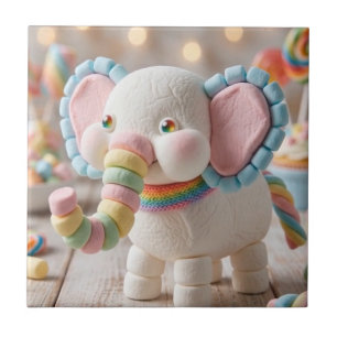 Whimsical Marshmallow Elephant and Pastel Candies Ceramic Tile