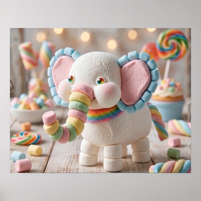Whimsical Marshmallow Elephant and Pastel Candies Poster (Front)