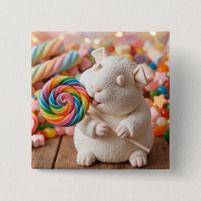 Whimsical Marshmallow Guinea Pig and Lollipop Button (Front)