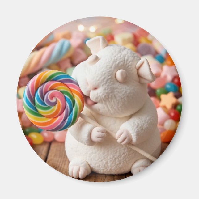 Whimsical Marshmallow Guinea Pig and Lollipop Magnet (Front)