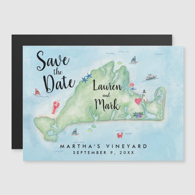 Whimsical Martha's Vineyard Map Save the Date Magnetic Invitation (Front/Back)