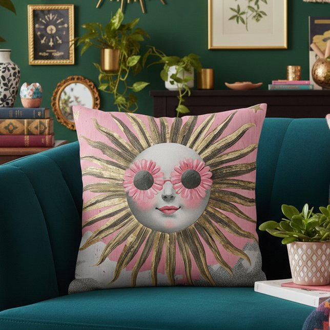Whimsical Maximalist Celestial Sun Pink Floral Sun Throw Pillow (Creator Uploaded)