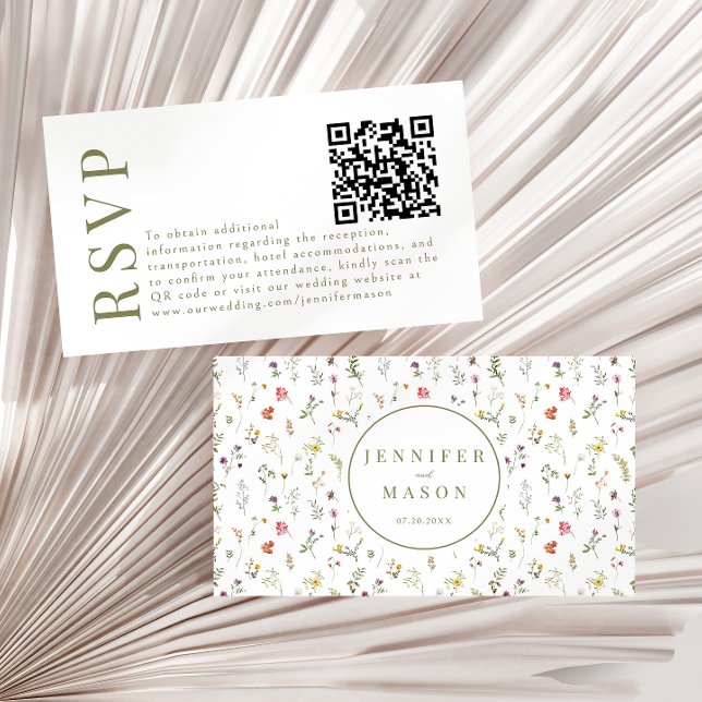 Whimsical meadow flower wedding RSVP QR code cards (Creator Uploaded)