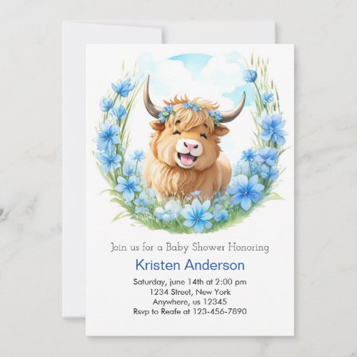 Whimsical Meadow Highland Cow Boy Baby Shower Invitation