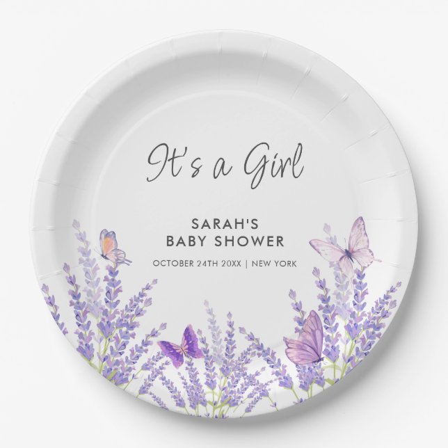 Whimsical Meadow Lavender Butterfly Baby Shower  Paper Plates (Front)